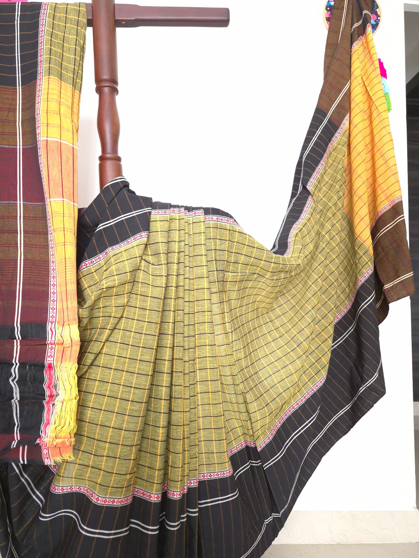 Chettinad Revival Saree - olive green checks
