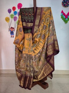 Pen Kalamkari - Pure Silk - Mango Yellow - Coffee Brown