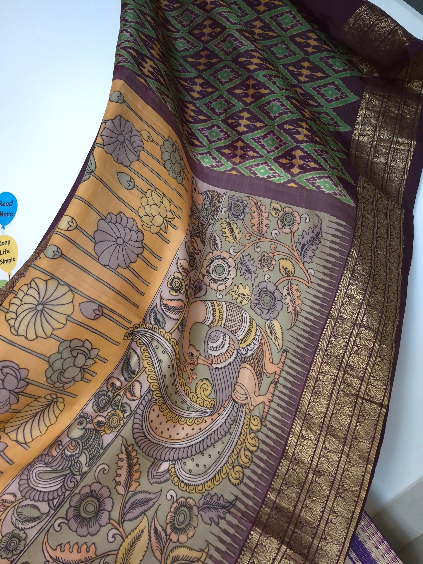 Pen Kalamkari - Pure Silk - Mango Yellow - Coffee Brown