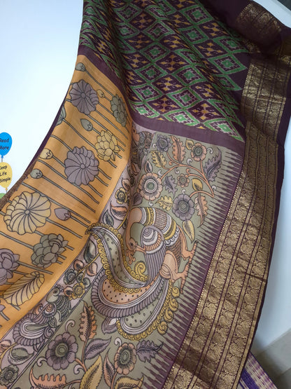 Pen Kalamkari - Pure Silk - Mango Yellow - Coffee Brown