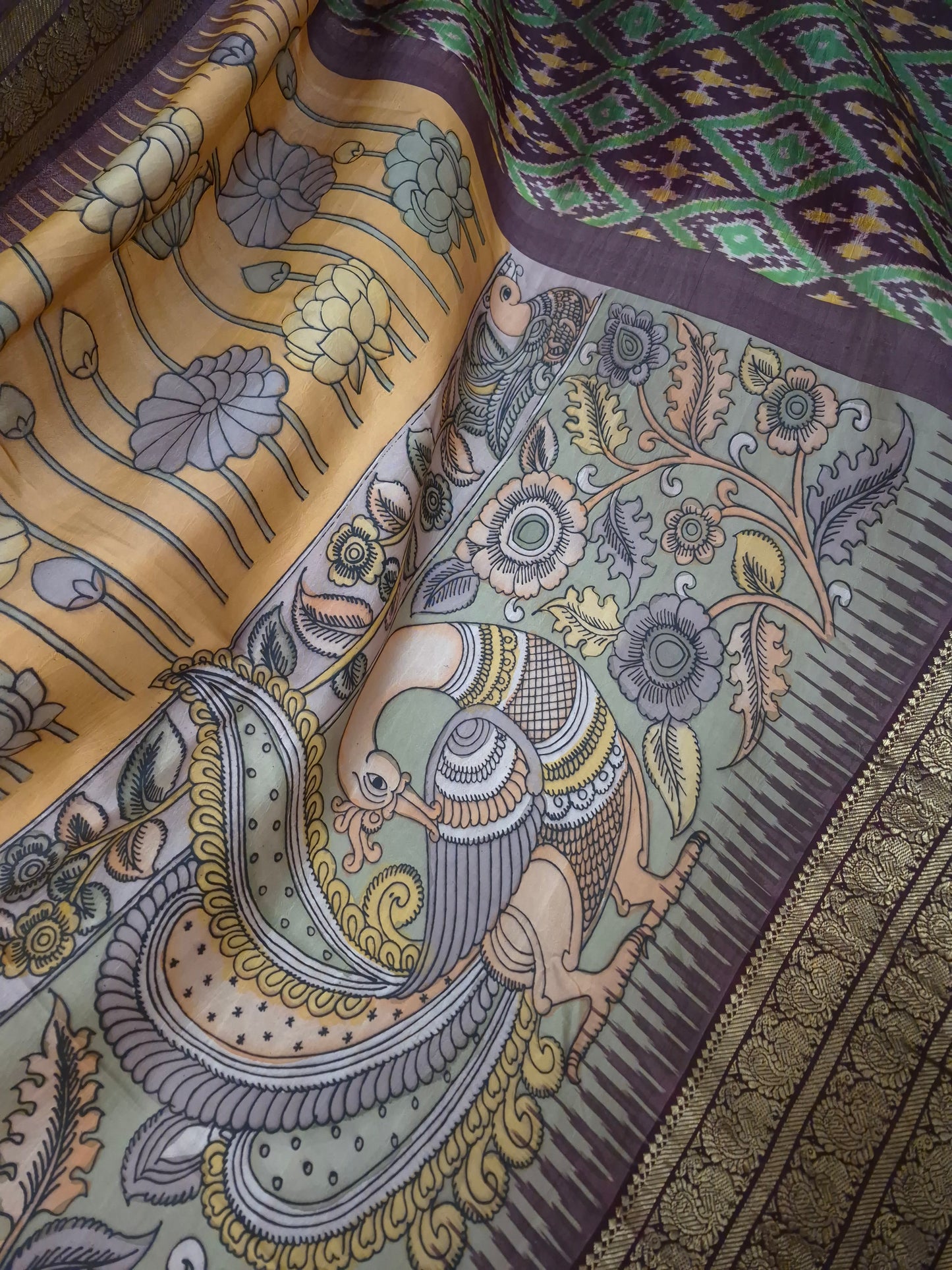 Pen Kalamkari - Pure Silk - Mango Yellow - Coffee Brown