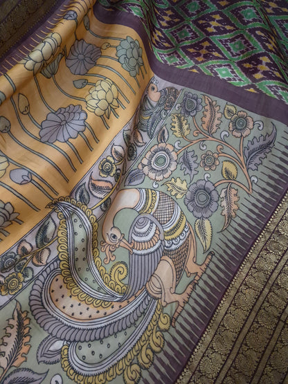 Pen Kalamkari - Pure Silk - Mango Yellow - Coffee Brown