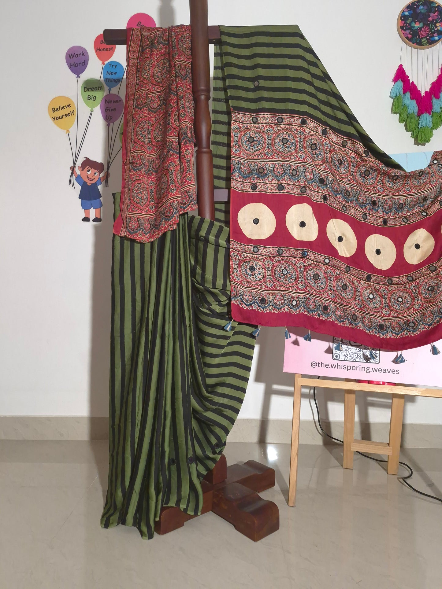 Ajrakh Modal - Green Stripes - Mirror Embroided