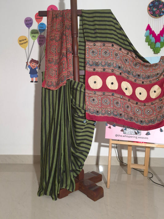Ajrakh Modal - Green Stripes - Mirror Embroided