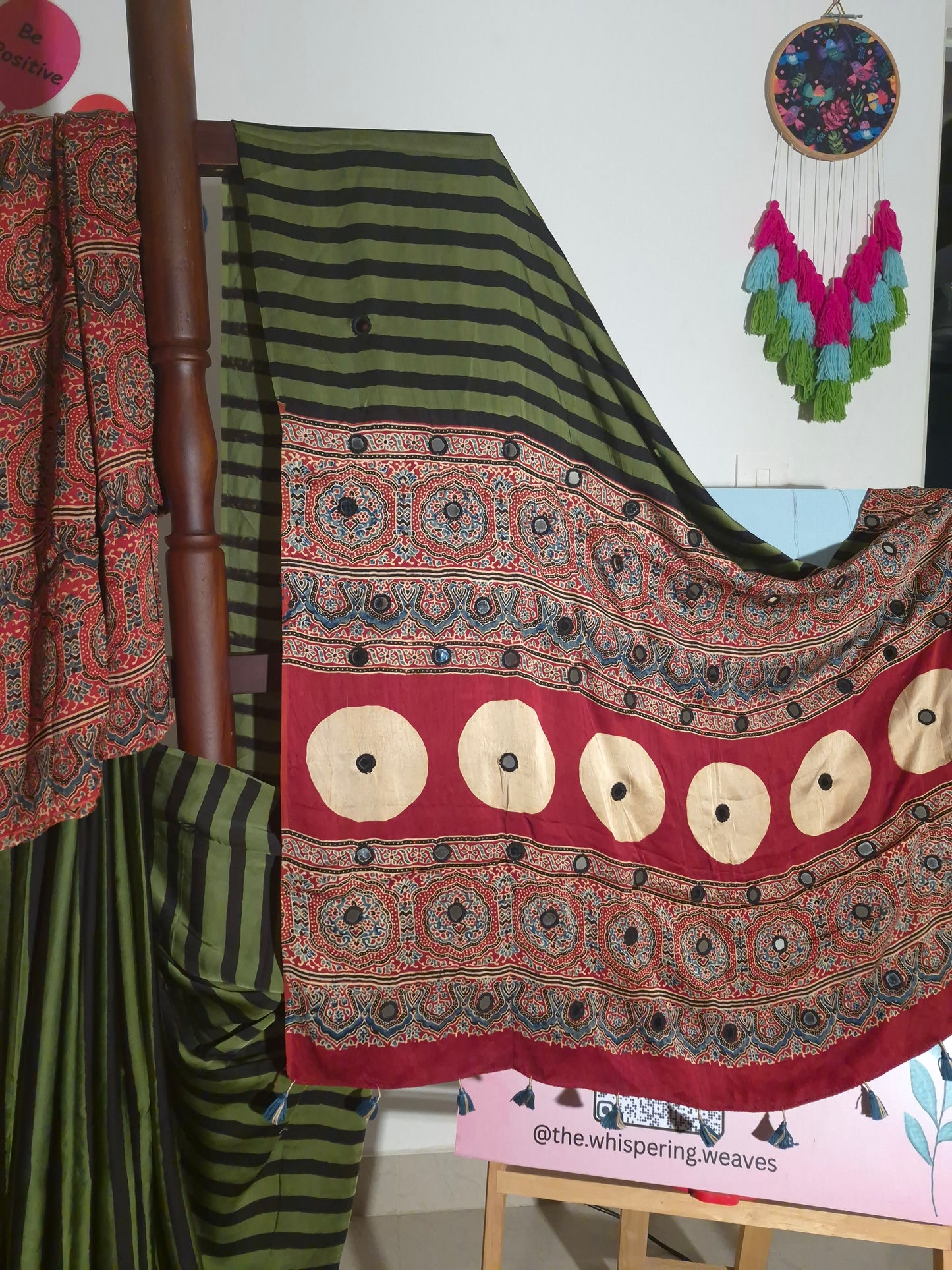 Ajrakh Modal - Green Stripes - Mirror Embroided