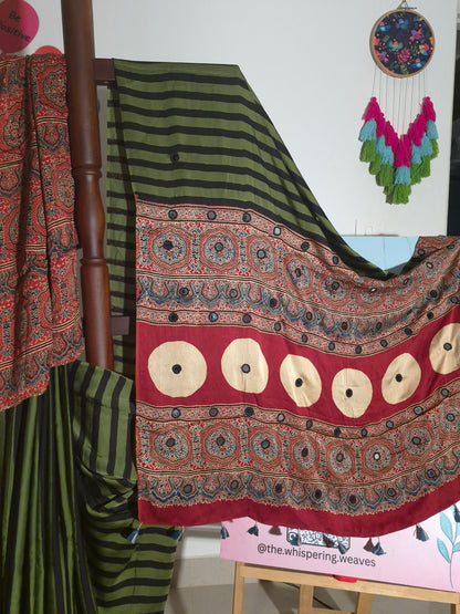 Ajrakh Modal - Green Stripes - Mirror Embroided