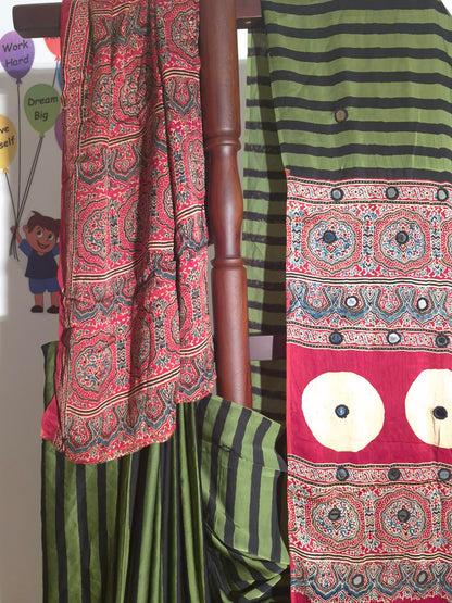Ajrakh Modal - Green Stripes - Mirror Embroided