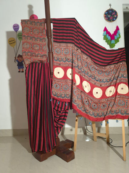 Ajrakh Modal - Red Stripes - Mirror Embroided