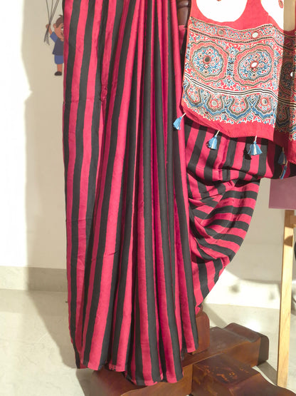 Ajrakh Modal - Red Stripes - Mirror Embroided