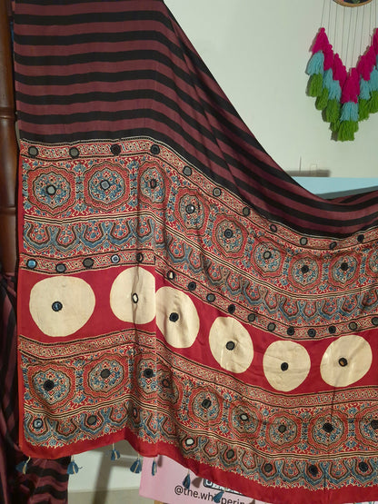 Ajrakh Modal - Chocolate Stripes - Mirror Embroided