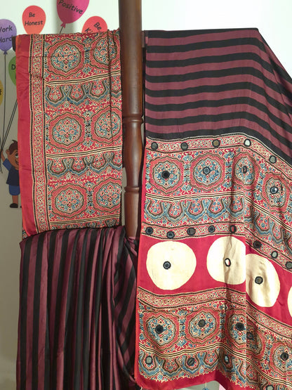 Ajrakh Modal - Chocolate Stripes - Mirror Embroided
