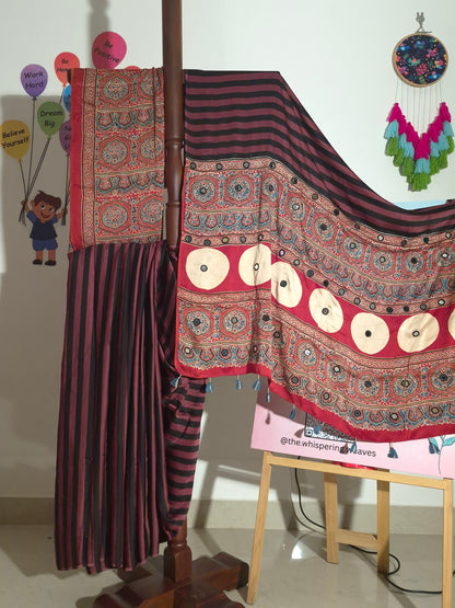 Ajrakh Modal - Chocolate Stripes - Mirror Embroided