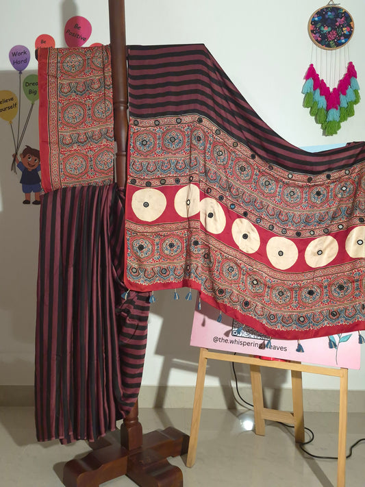 Ajrakh Modal - Chocolate Stripes - Mirror Embroided