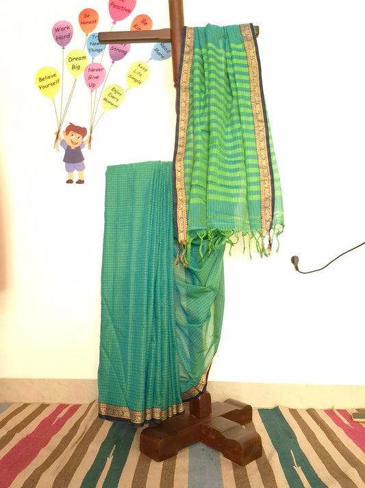 Narayanpet Handlooms: Green Saree in Checks