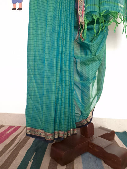 Narayanpet Handlooms: Green Saree in Checks