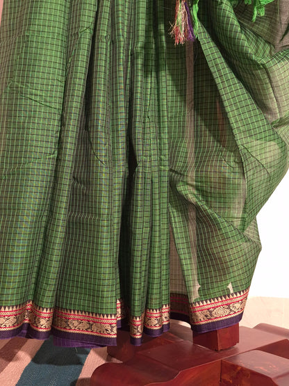 Narayanpet Handlooms: Green Saree in Checks