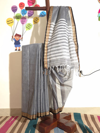 Narayanpet Handlooms: Grey Saree in Checks