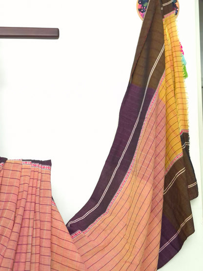 Chettinad Revival Saree - Peach Checks