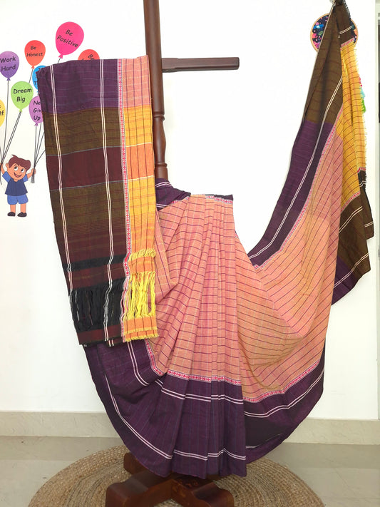 Chettinad Revival Saree - Peach Checks