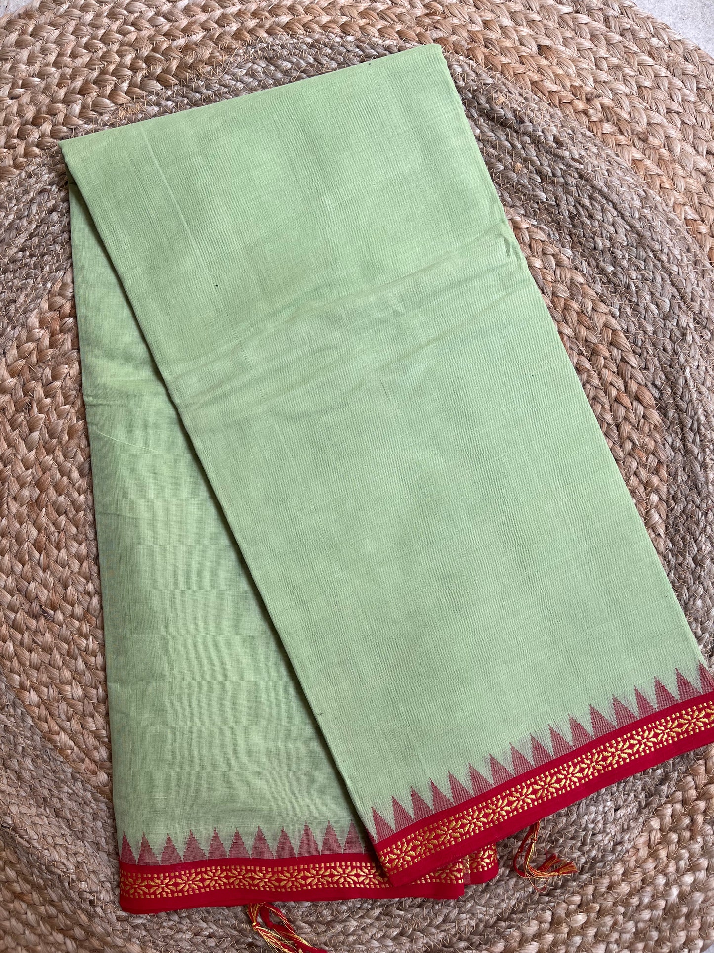 Ponduru Khaddar -  Light Green with Red Border