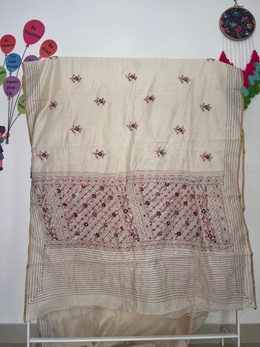 Bullion Saree - Cream with Maroon