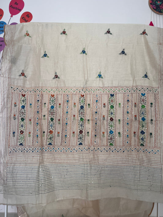 Bullion Saree - Cream with Multi Colour Embroidery
