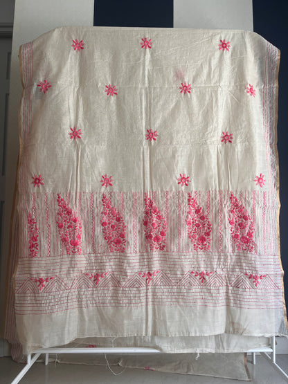 Bullion Saree - Cream with Pink Embroidery