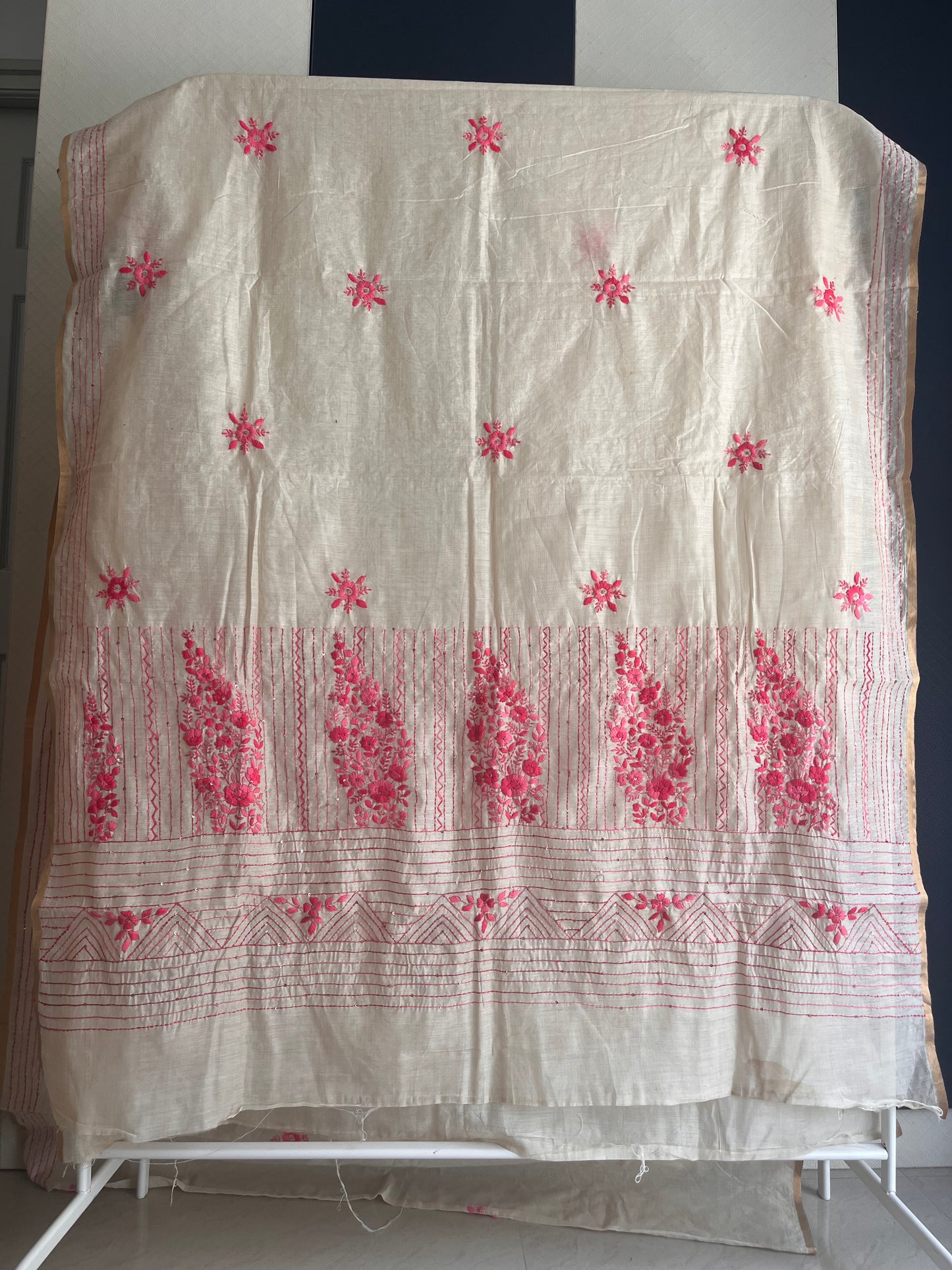 Bullion Saree - Cream with Pink Embroidery