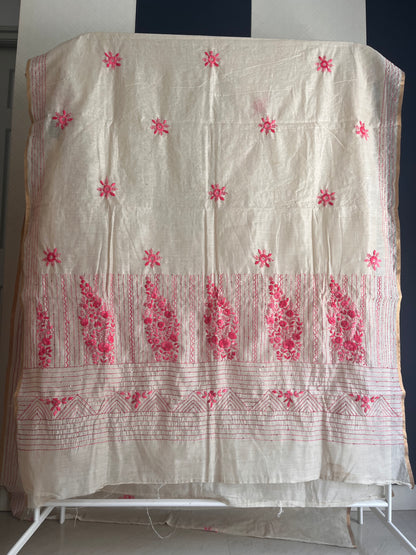 Bullion Saree - Cream with Pink Embroidery