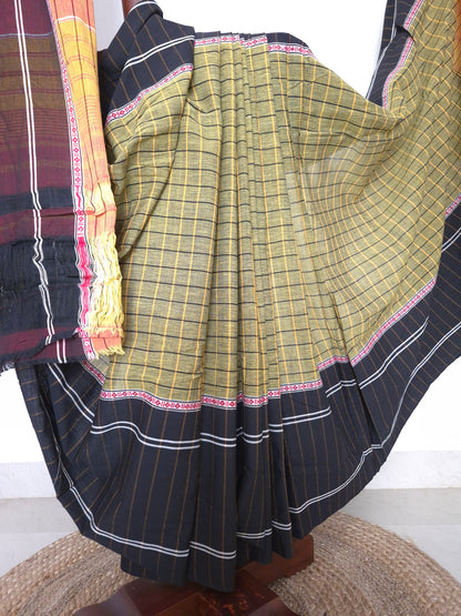 Chettinad Revival Saree - olive green checks