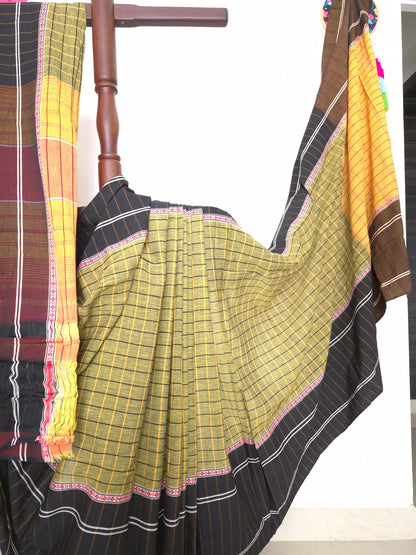 Chettinad Revival Saree - olive green checks