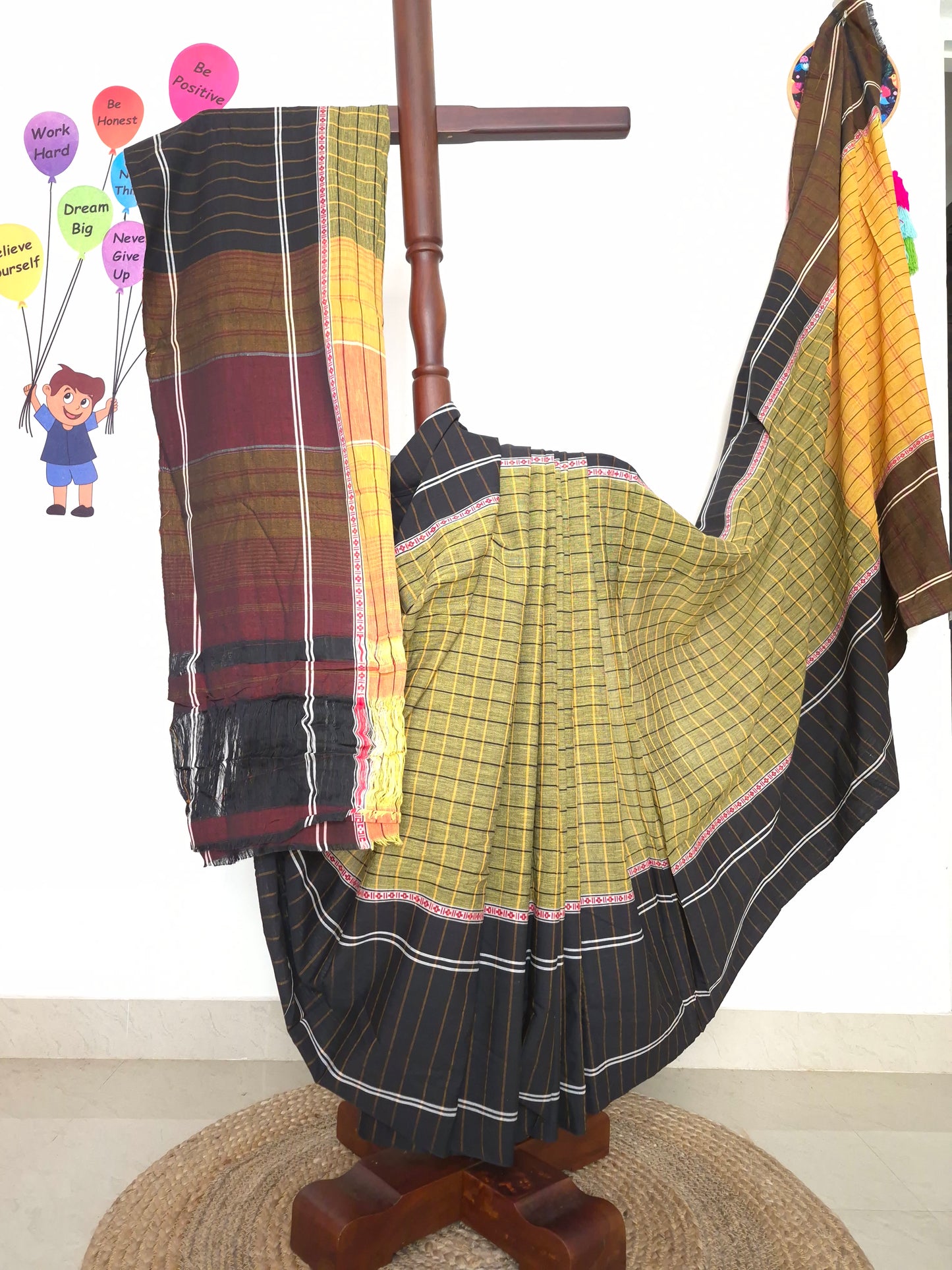 Chettinad Revival Saree - olive green checks