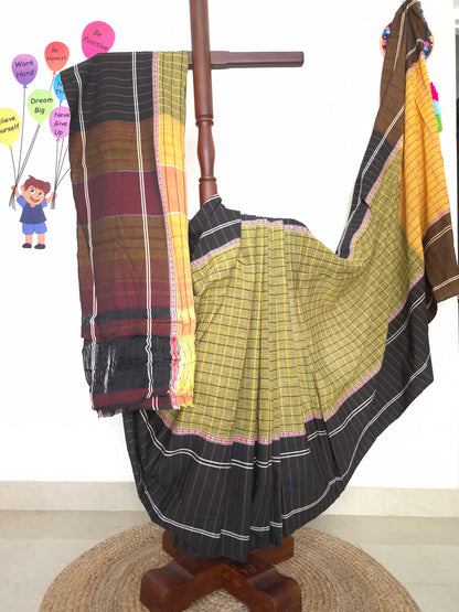 Chettinad Revival Saree - olive green checks